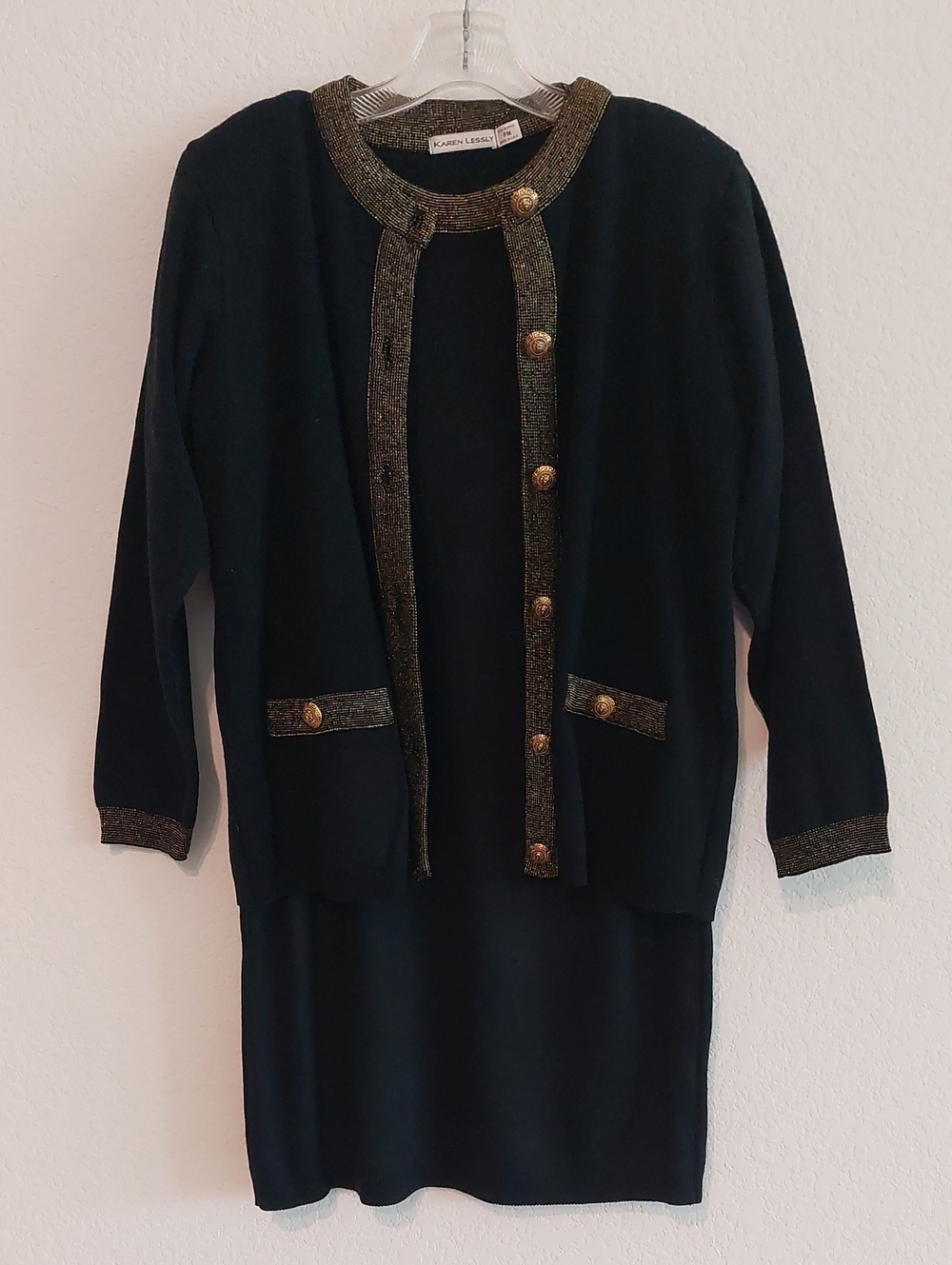 KAREN LESSLY Vintage Black & Shimmer Gold Dress and Cardigan Set NWOT